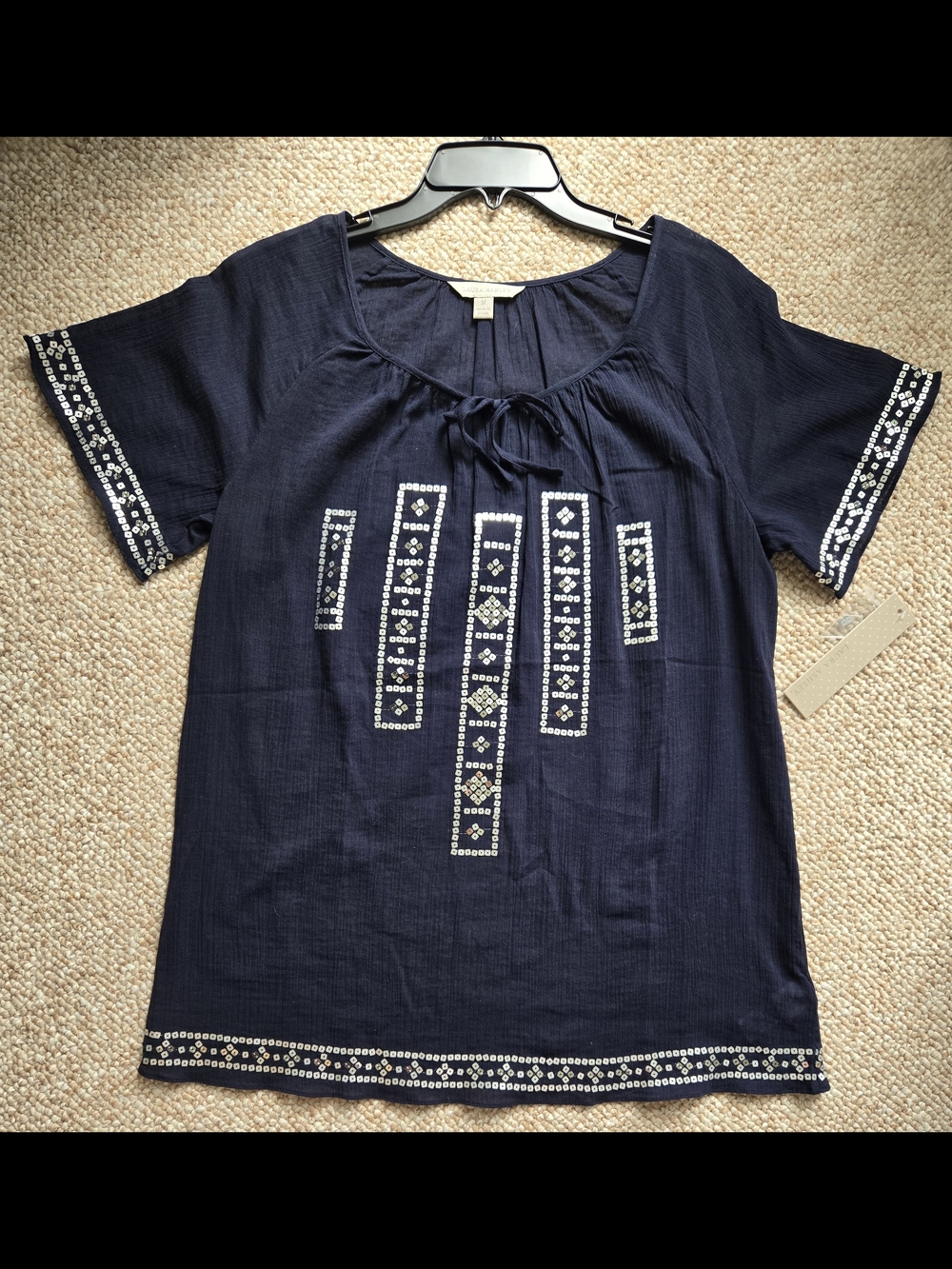 Women’s Navy Embroidered Tie-Neck Top